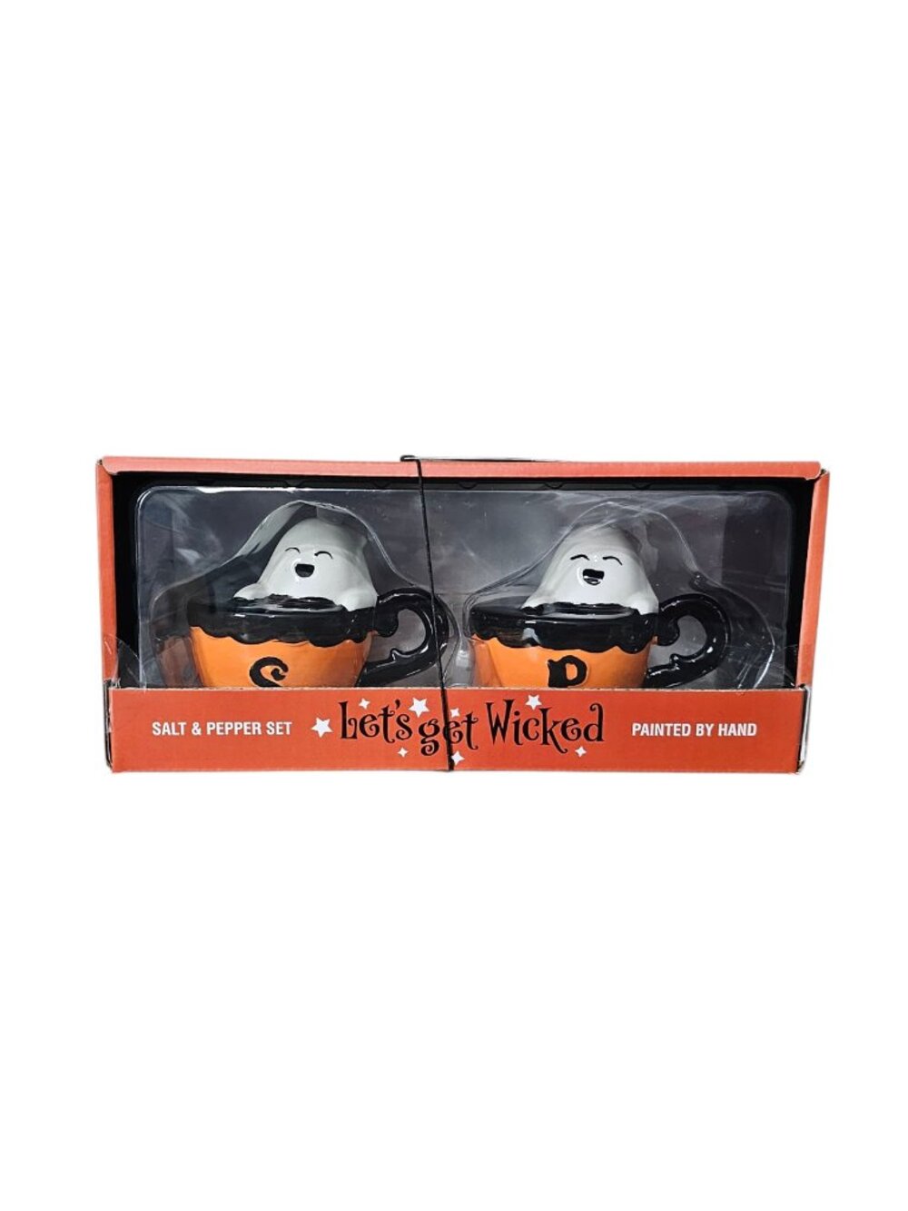 Let's Get Wicked Halloween Ghost Pumpkin Ceramic Salt And Pepper Shakers NEW